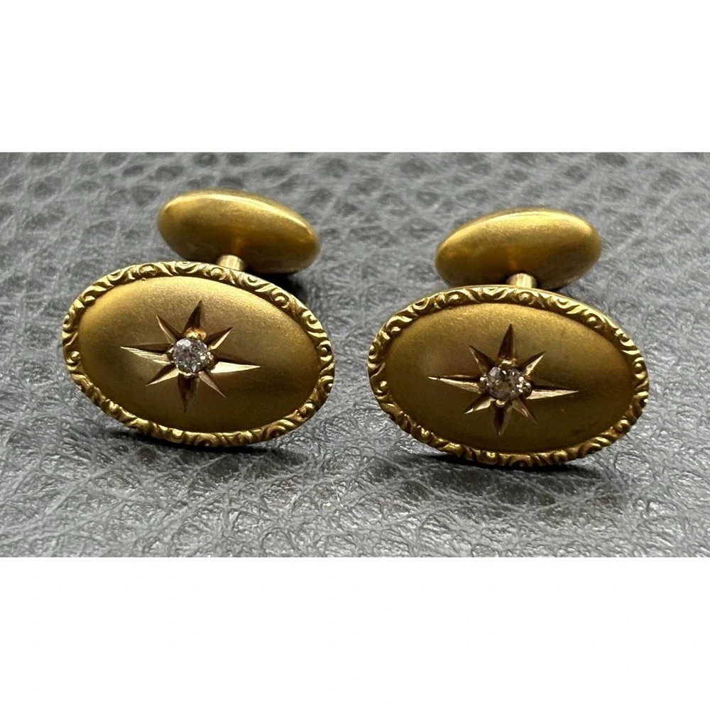 VTG Victorian 14K Solid Yellow Gold Genuine Diamond Star Starburst Cufflinks